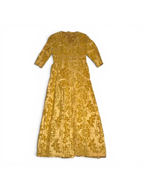 Dresses & Skirts - Vintage Mustard Yellow Velvet Burnout Maxi Jacket Dress with 3/4 Sleeves